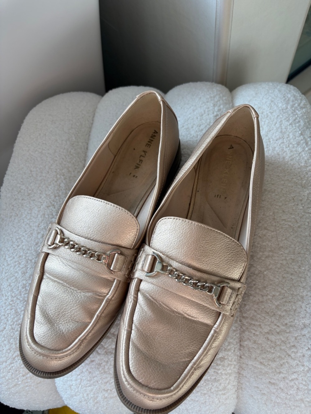 Anne Klein Metallic Rose Loafers with Chain Accent